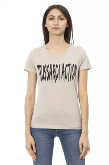 Trussardi Beige Katoenen V-Hals T-Shirt met Voorkant Print Trussardi , Beige , Dames - 2Xl,Xl,L,M,S,Xs