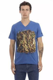 Trussardi Blauw Katoenen V-Hals T-Shirt met Voorkant Print Trussardi , Blue , Heren - 2Xl,Xl,L,M,S,3Xl