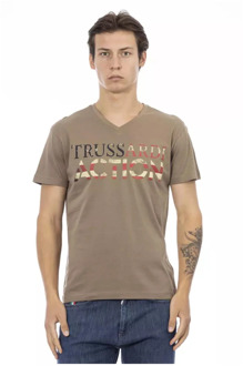 Trussardi Bruine V-Hals T-Shirt met Voorkant Print Trussardi , Brown , Heren - 2Xl,Xl,L,M