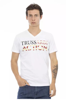 Trussardi Wit V-Hals T-Shirt met Voorprint Trussardi , White , Heren - 2Xl,Xl