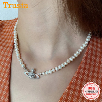 Trustdavis Authentic 925 Sterling Silver Lovely Pearl Planet Pendant Necklace For Women Wedding Birthday S925 Jewelry DS1089