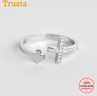 Trustdavis Real 925 Sterling Silver Minimalist Cross Dazzling CZ Adjustable Rings For Women Wedding Party S925 Jewelry DA1359