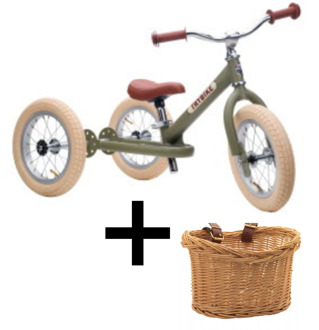 Trybike Steel loopfiets mat groen met mandje Mat Groen, bruin