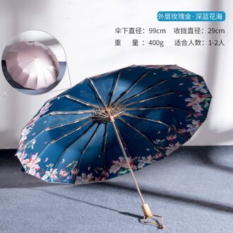 Ttk Licht Luxe Retro Umbrella16-bone Opvouwbare Paraplu Rose Goud Lijm Anti-Ultraviolet Dual-Purpose Paraplu Voor Vrouwen Blauw