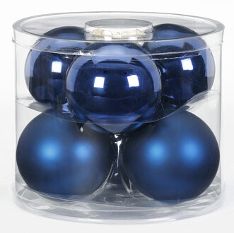 Tube met 12 donkerblauwe kerstballen van glas 10 cm glans en mat - Kerstbal