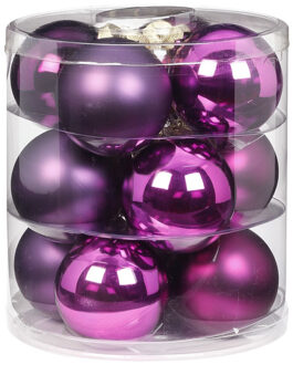 Tube met 12 paarse kerstballen van glas 8 cm glans en mat - Kerstbal