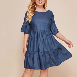 Tuhao Zomer Mode Plus Size 8XL 7XL 6XL 5XL 4XL Losse Mid-Lengte Denim Ronde Hals Jurk Vrouwelijke Casual jurken Vestidos WM49 Xxxl