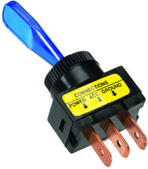 tuimelschakelaar blauw, met gloeilamp aan-uit 12v, 20a 3 tab contacten installatie afmeting ø13 mm 303402060p