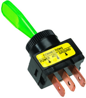 tuimelschakelaar groen, met gloeilamp aan-uit 12v, 20a 3 tab contacten installatie afmeting ø13mm 303402070p