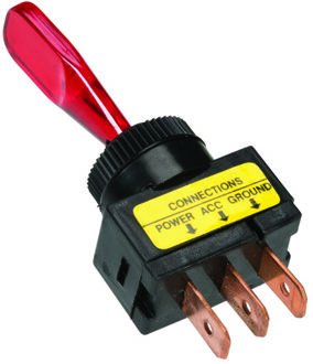 tuimelschakelaar rood, met gloeilamp aan-uit 12v, 20a 3 tab contacten installatie afmeting ø13mm 303400010p