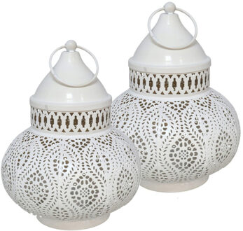 Tuin deco lantaarn - 2x - Marokkaanse sfeer stijl - wit/goud - D15 x H19 cm - metaal