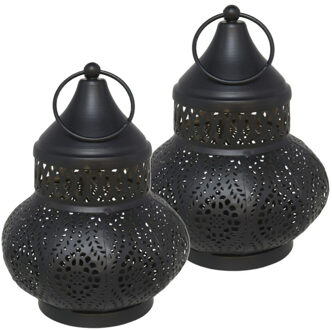 Tuin deco lantaarn - 2x - Marokkaanse sfeer stijl - zwart/goud - D12 x H16 cm - metaal