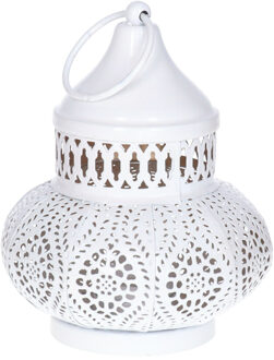 Tuin deco lantaarn - Marokkaanse sfeer stijl - wit/goud - D12 x H16 cm - metaal - buitenverlichtin