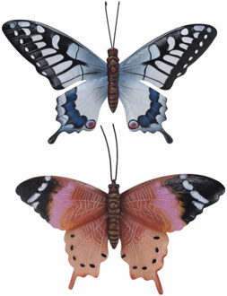 Tuin decoratie muur/wand vlinders - 2x stuks - metaal - in bruin en blauw tinten - 44 x 31 cm