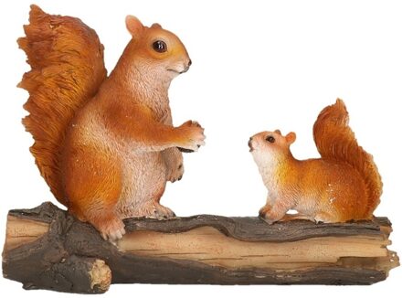 Tuin/huiskamer deco beeldje - eekhoorns op boomstam - 24 x 10 x 18 cm Bruin