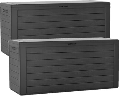 Tuin kussen opbergbox - 2x - hout patroon - 280 liter - kunststof - 116 x 44 x 55 cm