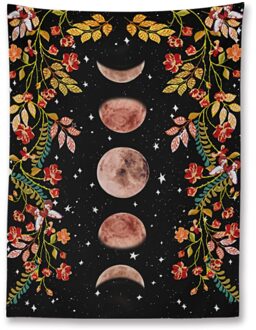 Tuin Maan Fase Tapijt Muur Opknoping Retro Zwarte Bloem Tapijt Home Decoratie Achtergrond Doek Slaapkamer Wandbekleding 73x95cm