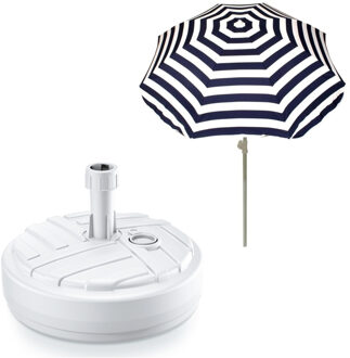 Tuin parasol met voet van 10 liter - blauw/wit strepen - polyester/kunststof - Dia 180 cm