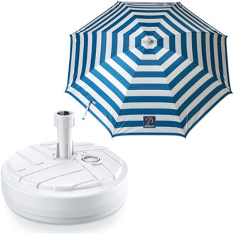 Tuin parasol met voet van 10 liter - blauw/wit strepen - polyester/kunststof - Dia 180 cm