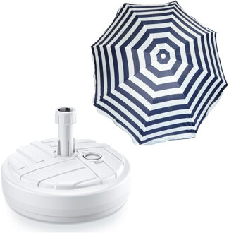 Tuin parasol met voet van 10 liter - blauw/wit strepen - polyester/kunststof - Dia 200 cm