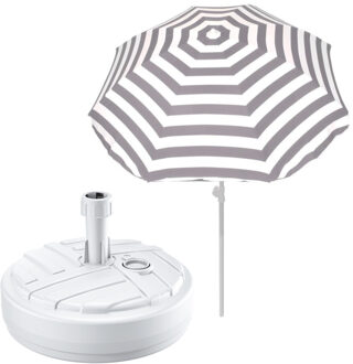Tuin parasol met voet van 10 liter - grijs/wit strepen - polyester/kunststof - Dia 180 cm