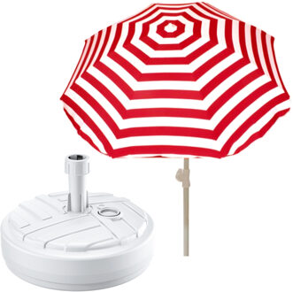 Tuin parasol met voet van 10 liter - rood/wit strepen - polyester/kunststof - Dia 180 cm