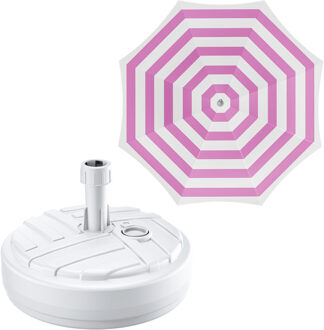 Tuin parasol met voet van 10 liter - roze/wit strepen - polyester/kunststof - Dia 180 cm
