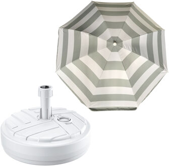 Tuin parasol met voet van 10 liter - zilvergrijs/wit strepen - polyester/kunststof - Dia 180 cm