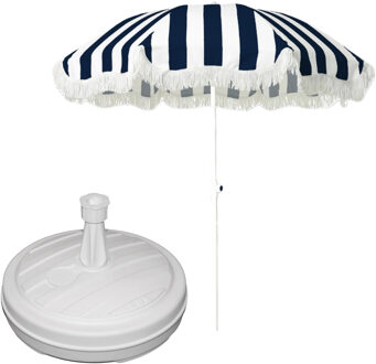 Tuin parasol - met vulbare parasolvoet in wit - doek blauw/wit gestreept - D180 cm - polyester