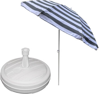 Tuin parasol - met vulbare parasolvoet in wit - doek grijs/wit gestreept - D180 cm - polyester