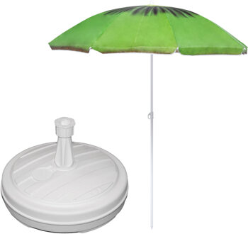 Tuin parasol - met vulbare parasolvoet in wit - doek kiwi print groen - D160 cm - polyester
