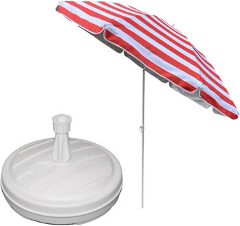 Tuin parasol - met vulbare parasolvoet in wit - doek rood/wit gestreept - D180 cm - polyester