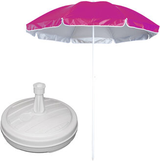 Tuin parasol - met vulbare parasolvoet in wit - doek roze - D150 cm - polyester