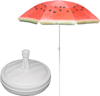 Tuin parasol - met vulbare parasolvoet in wit - doek watermeloen print rood - D160 cm - polyester