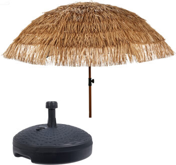 Tuin parasol Raffia Design - met vulbare parasolvoet in antraciet - lichtbruin - D220 cm