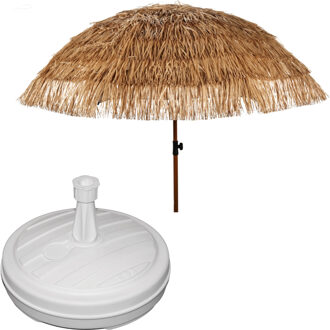 Tuin parasol Raffia Design - met vulbare parasolvoet in wit - lichtbruin - D220 cm