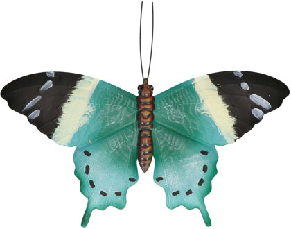 Tuin/schutting decoratie turquoise blauw/zwarte vlinder 44 cm