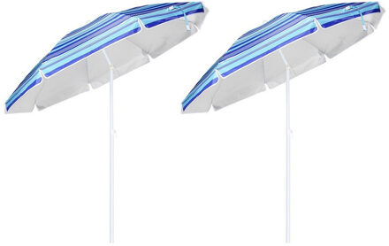 Tuin/strand parasol - 2x - 200 cm - blauw gestreept - UV werend - met draagtas