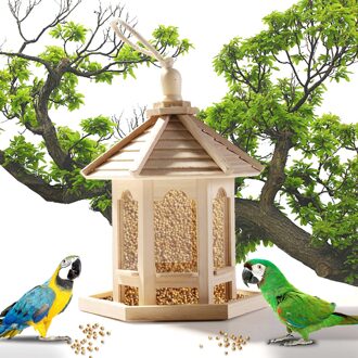 Tuin Yard Duurzaam Houten Plastic Opknoping Transparant Vogel Feeder Huis Voedsel Case Dierbenodigdheden Hexagon Vorm Houten Vogel Feeder wit