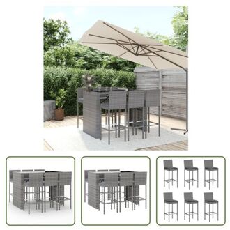 Tuinbarset - Grijs PE-rattan - 145 x 80 x 110 cm - Gehard glas - 6 Barkrukken - 6 Kussens