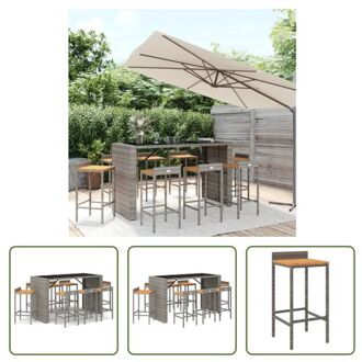 Tuinbarset - Grijs - PE-rattan - Gehard glas - 185x80x110cm - 8 barkrukken - Weerbestendig materiaal