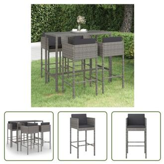 Tuinbarset - Grijs - PE rattan - Staal - Gehard glas - 130x60x110 cm - Inclusief kussens