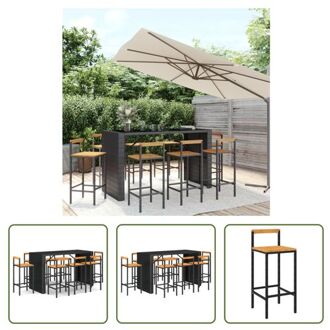 Tuinbarset - PE-rattan - 185 x 80 x 110 cm - zwart - gehard glas - 8 barstoelen