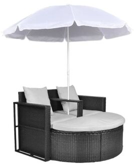 Tuinbed met parasol poly rattan zwart