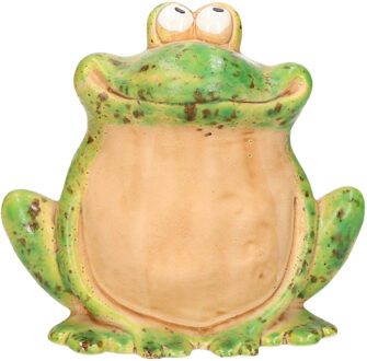 Tuinbeeld kikker zittend - kunststeen - H17 cm - groen - Lachende kikker rechte bek