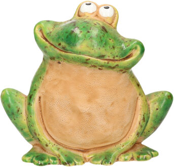 Tuinbeeld kikker zittend - kunststeen - H17 cm - groen - Lachende kikker scheve bek