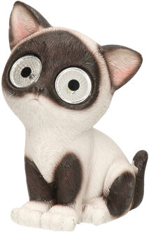 Tuinbeeld solar LED tuinlichtjes/lampjes kat/poes siamees bruin/wit 16 cm koel wit