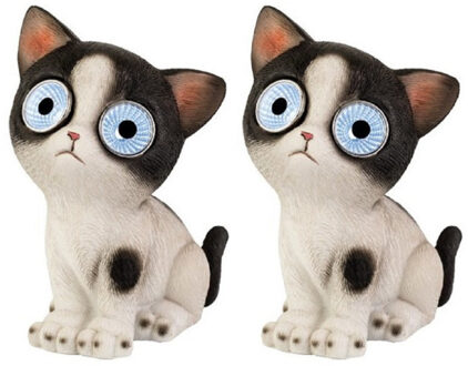 Tuinbeeld solar LED tuinlichtjes/lampjes kat/poes zwart/wit 16 cm koel wit