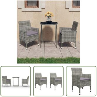 Tuinbistroset - Grijs - 3-delig - PE-rattan - Gepoedercoat staal - Gehard glas - Inclusief kussens