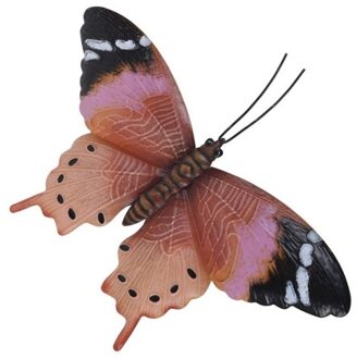 Tuindecoratie vlinder - roestbruin/roze - metaal - 35 x 24 cm - Tuin/schutting/schuur Multi